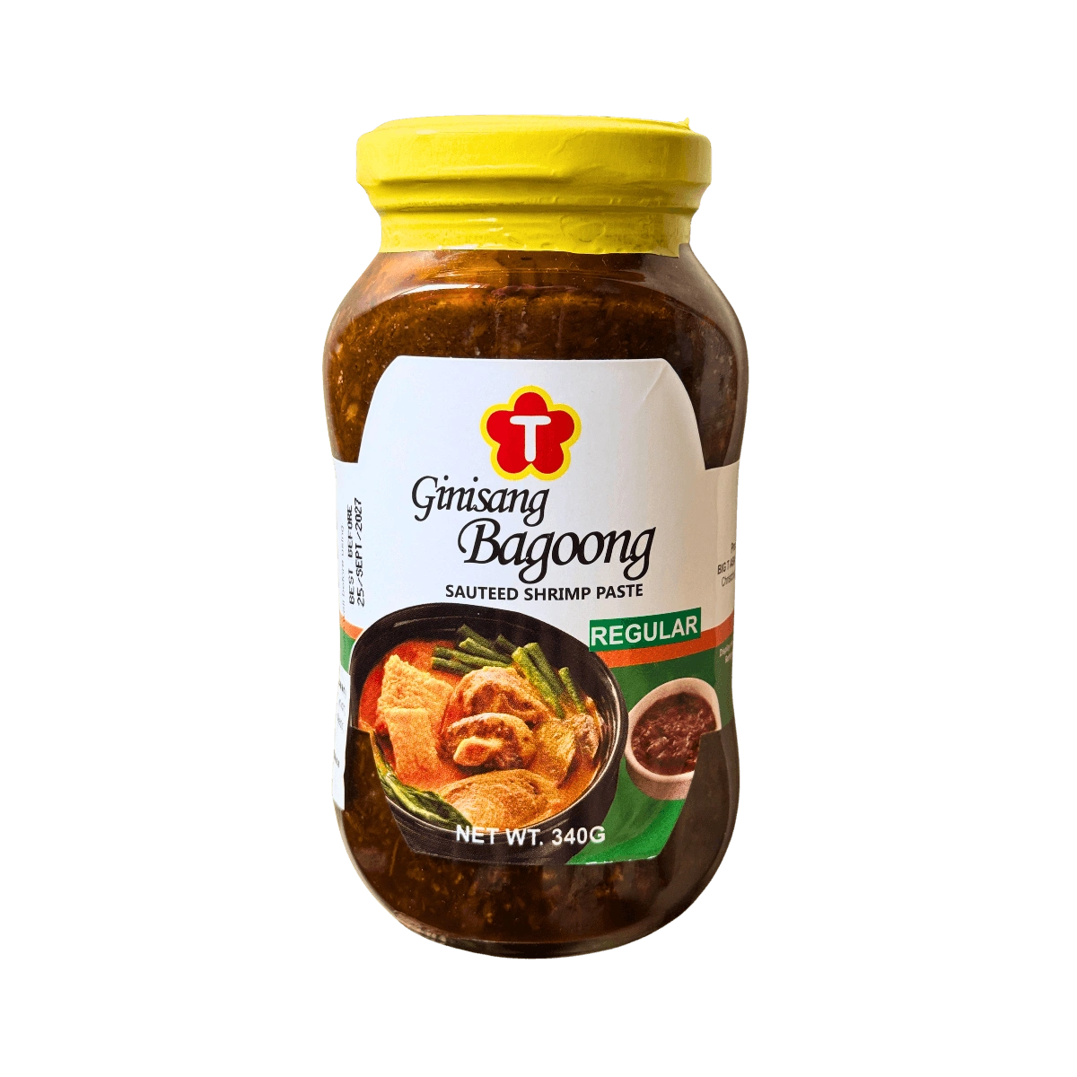 A jar of ginisang bagoong, showcasing the product's label and texture.