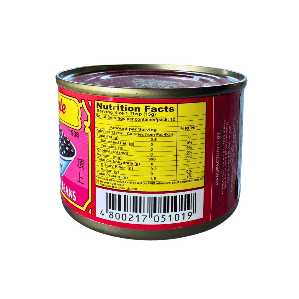A can of black beans featuring a visible barcode on its label.