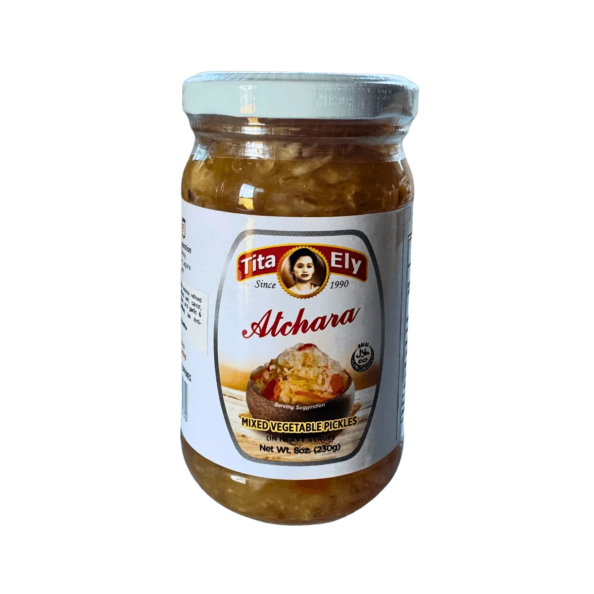 A glass jar filled with pickled vegetables, highlighted by a contrasting white background, emphasizing its rich color.