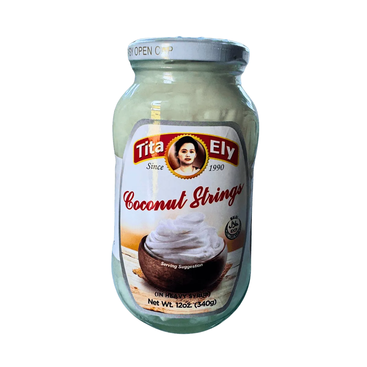 A jar of coconut strings placed on a white background, showcasing its creamy texture and label design.