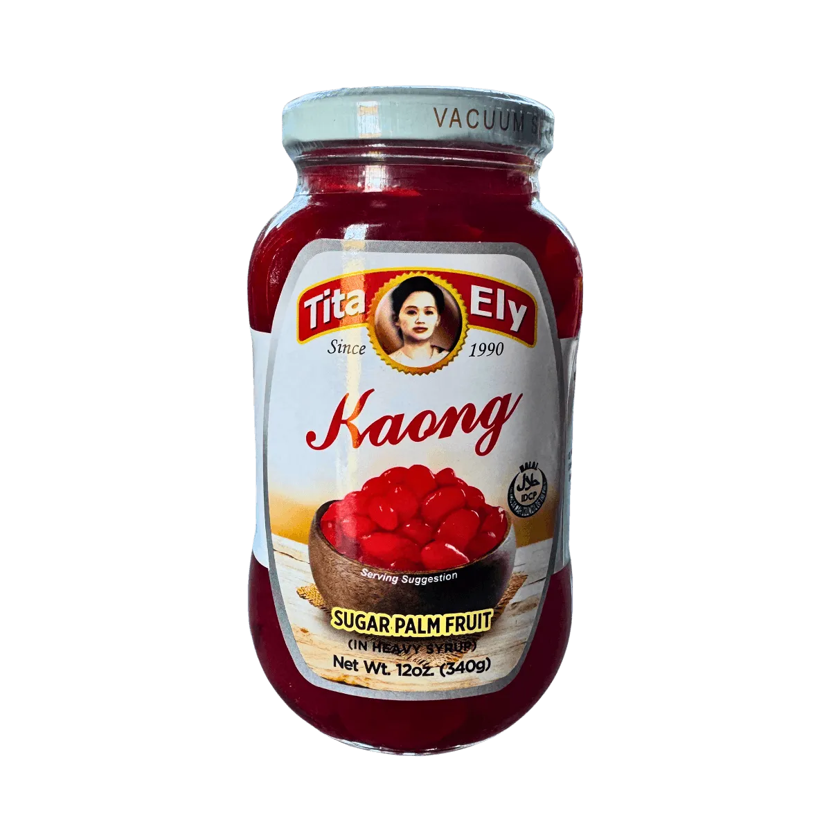 A jar of kaong red jelly displayed against a white background, showcasing its vibrant color and texture.