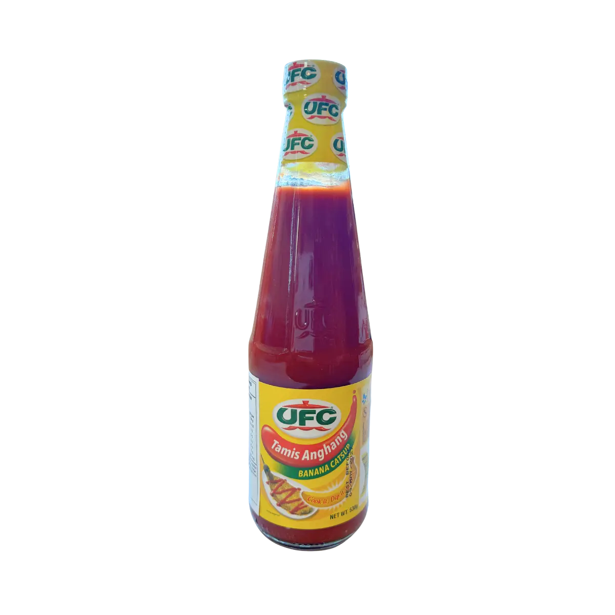 A bottle of hot sauce with a vibrant label, set against a solid black background.