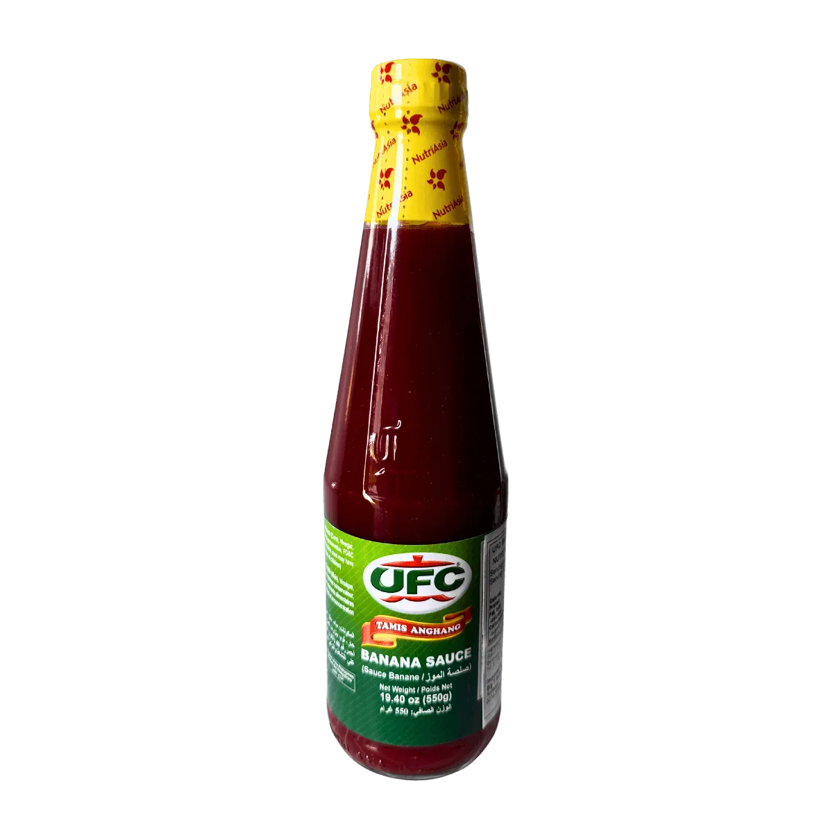 A bottle of ketchup with a red label, placed against a solid white background.