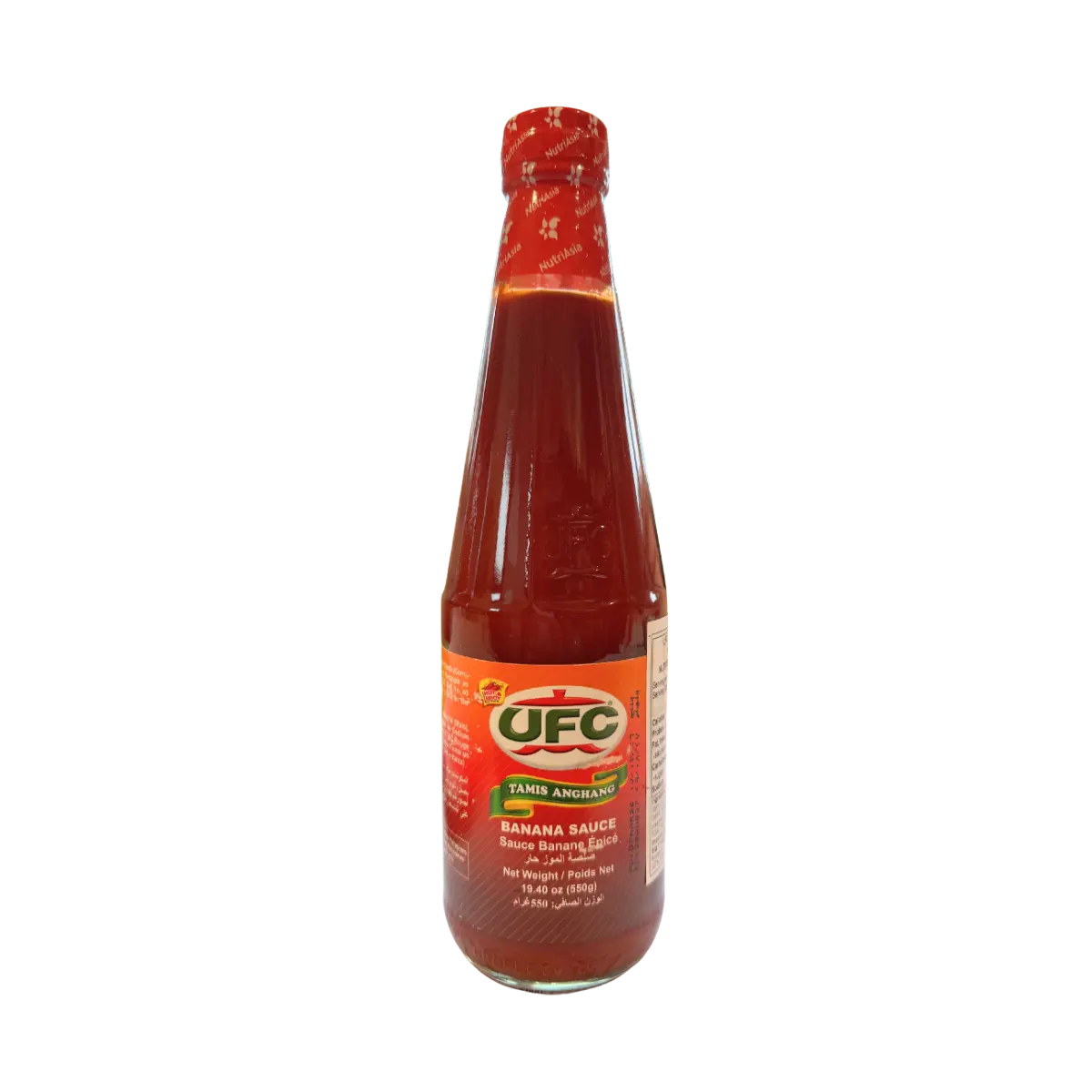 A hot sauce bottle featuring a bold label, isolated on a dark black background for emphasis.