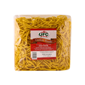 A bag of yellow noodles displayed against a solid black background.