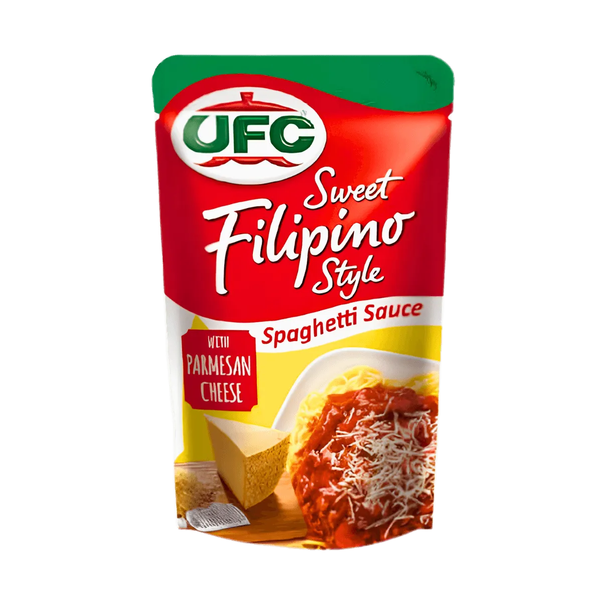 A packet of UFC Sweet Filipino Style Spaghetti Sauce, featuring a vibrant label with Filipino-inspired design elements.