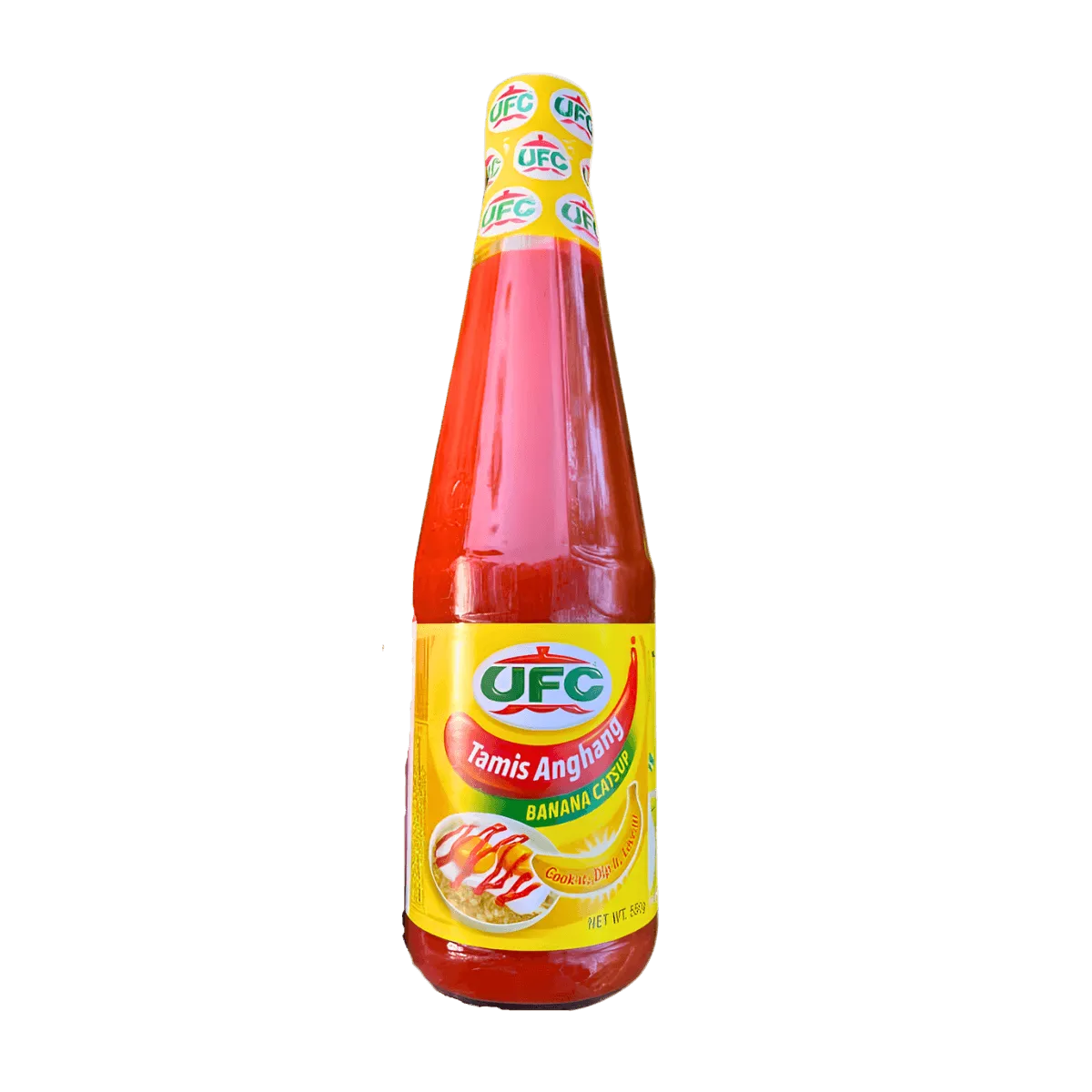 A bottle of banana catsup with a vibrant label, set against a sleek black background.