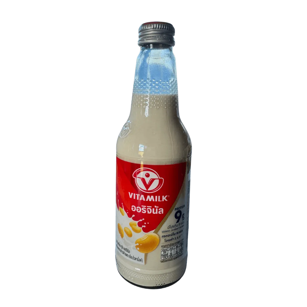 A bottle of milk featuring a white label with red accents, standing upright against a neutral background.