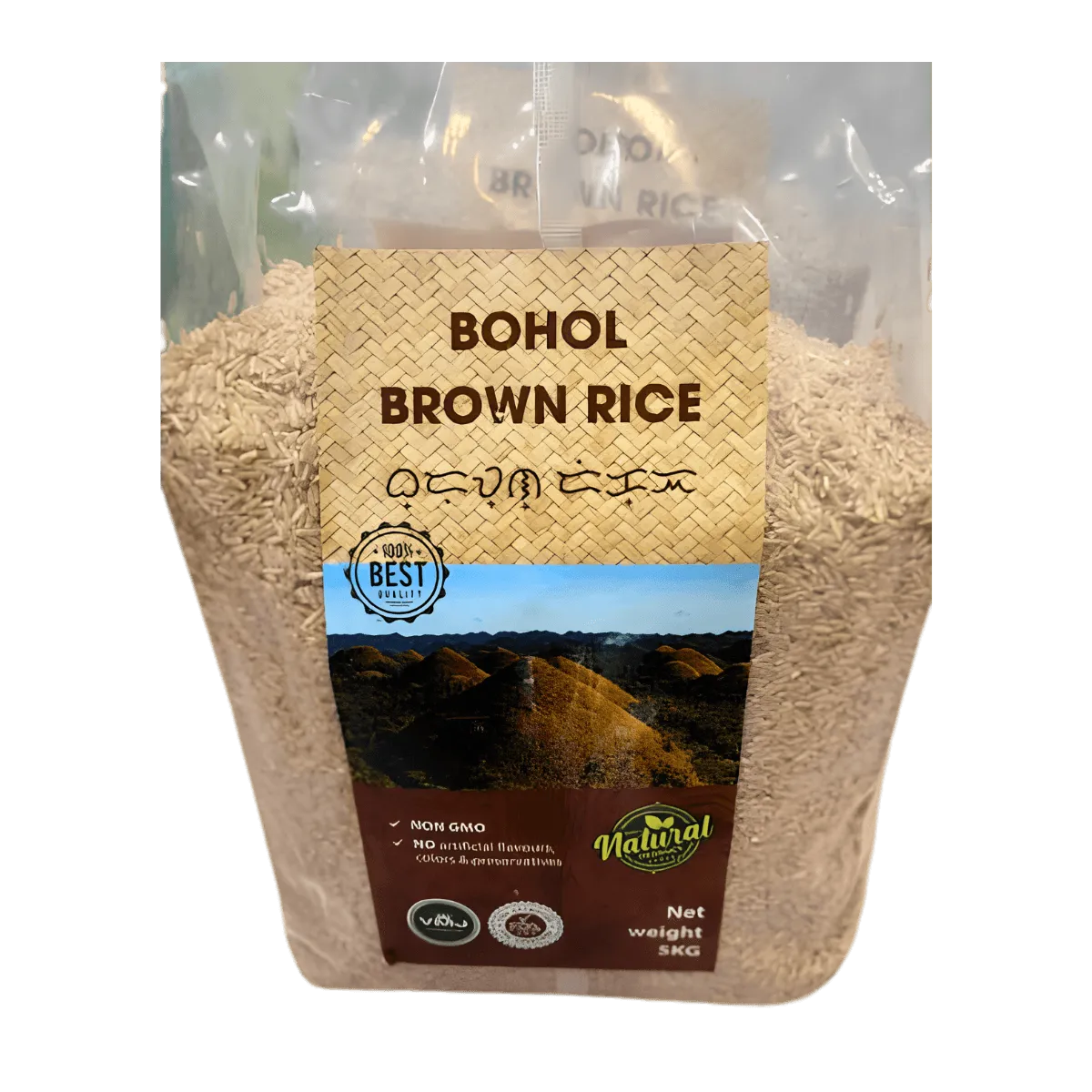Bohol brown rice package, 5kg, featuring a simple design with nutritional information and cooking instructions.