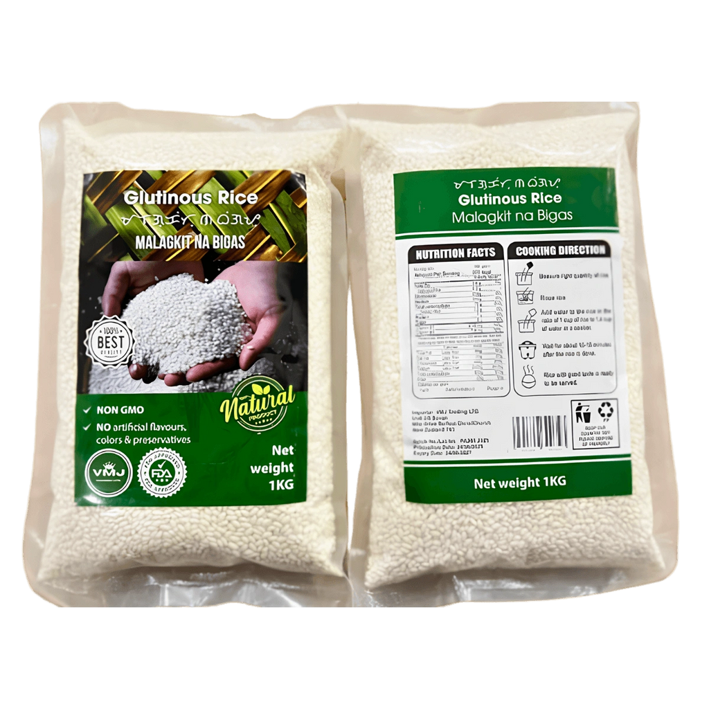 Two bags of rice packaged together, showcasing their labels and contents clearly visible.