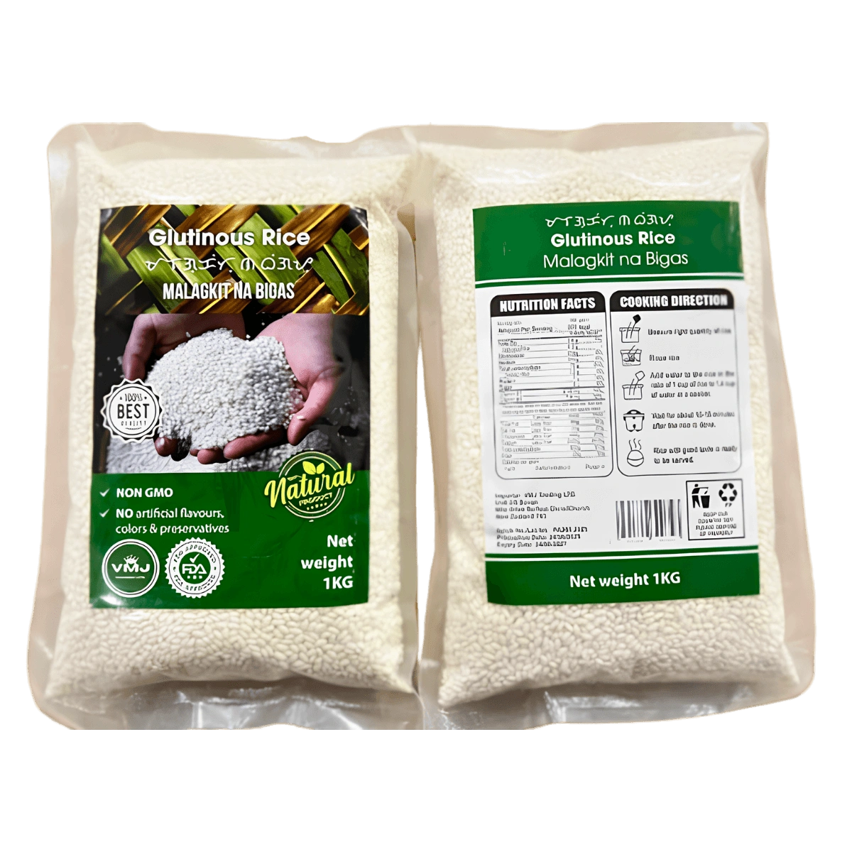 Two bags of rice packaged together, showcasing their labels and contents clearly visible.