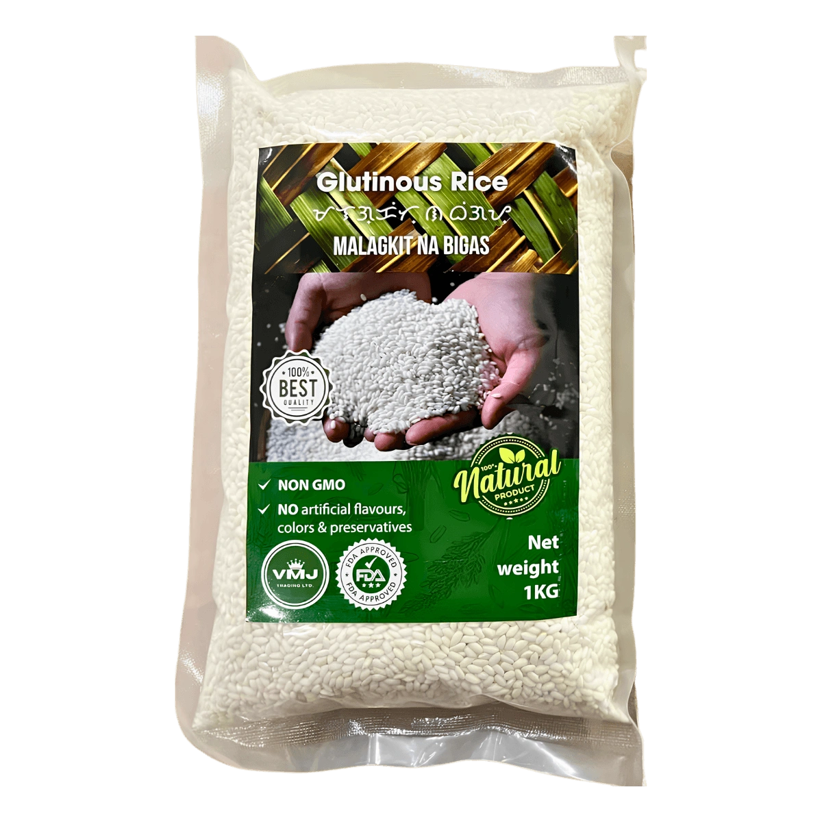 1kg package of glutinous rice, showcasing the product's label and nutritional information.