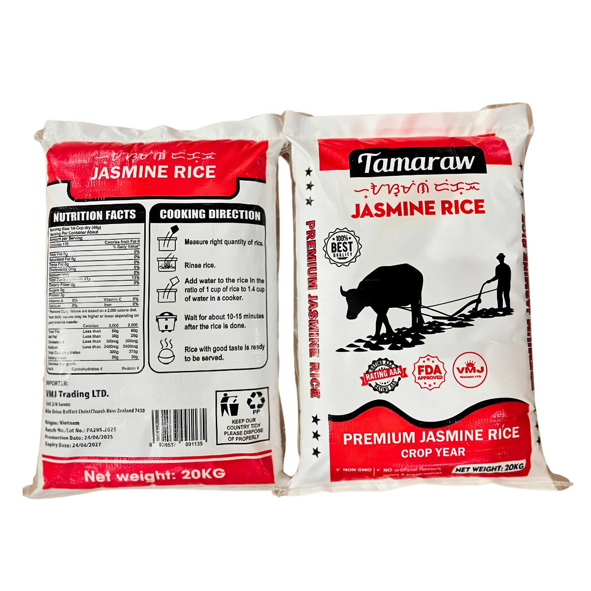 Two bags of jasmine rice displayed against a black background, showcasing their packaging and branding.