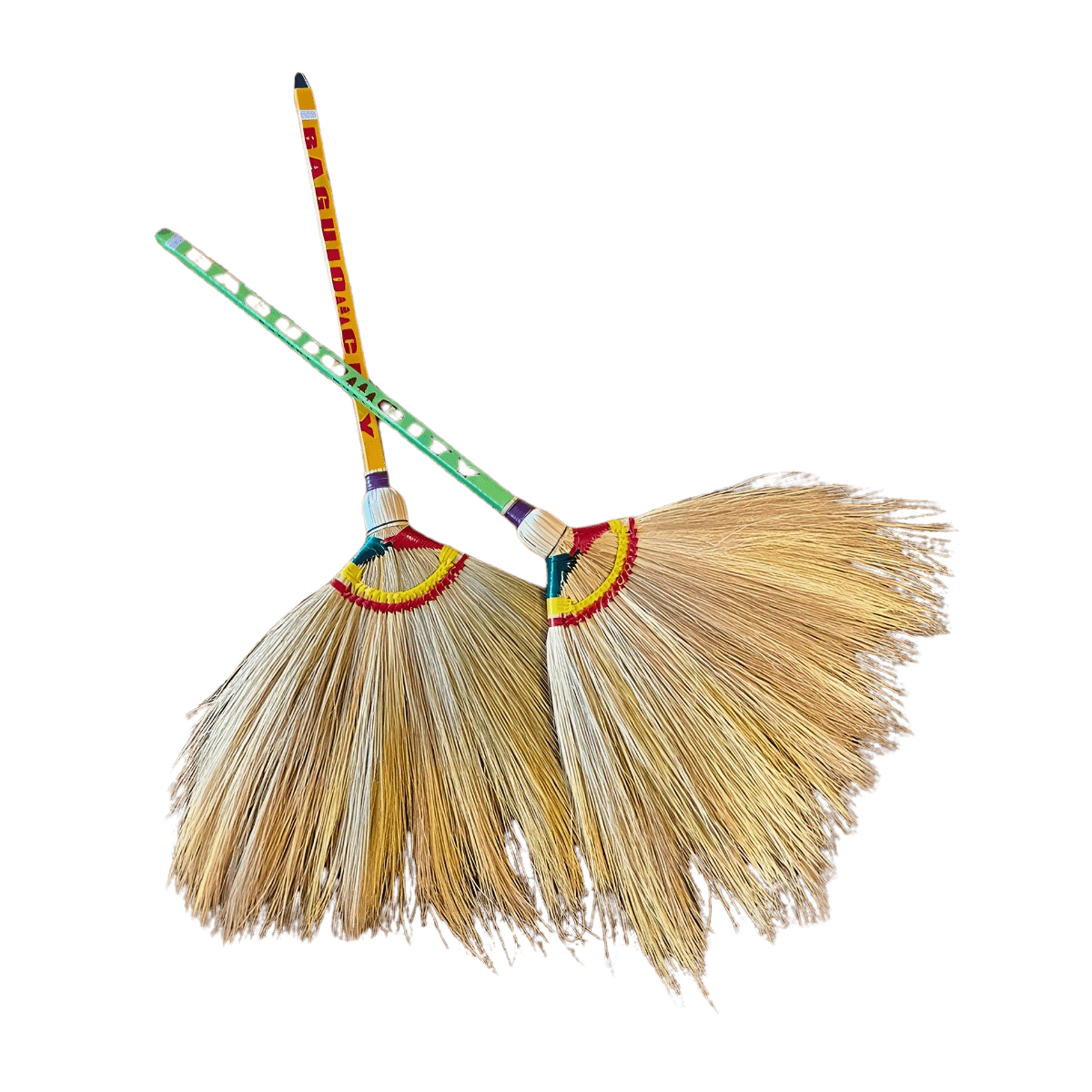 Two brooms adorned with vibrant ribbons, showcasing a festive and decorative design.