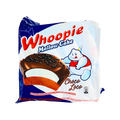 A rich chocolate whoopie pie cake, featuring two soft chocolate cakes filled with creamy white frosting.