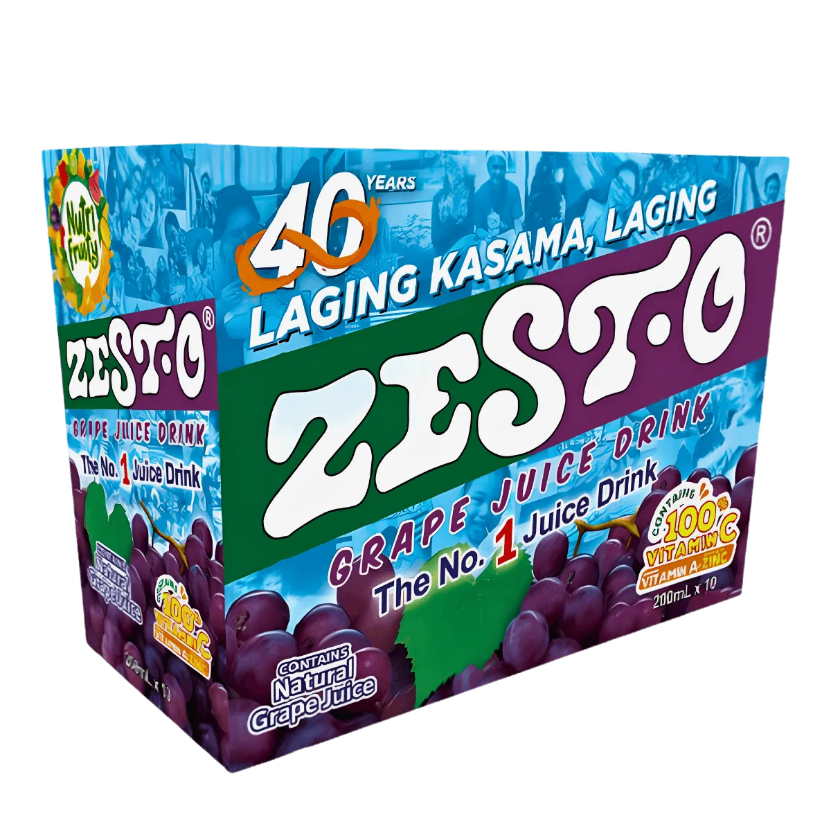 A box of Zest-O grape juice featuring vibrant purple packaging and a grape illustration on the front.
