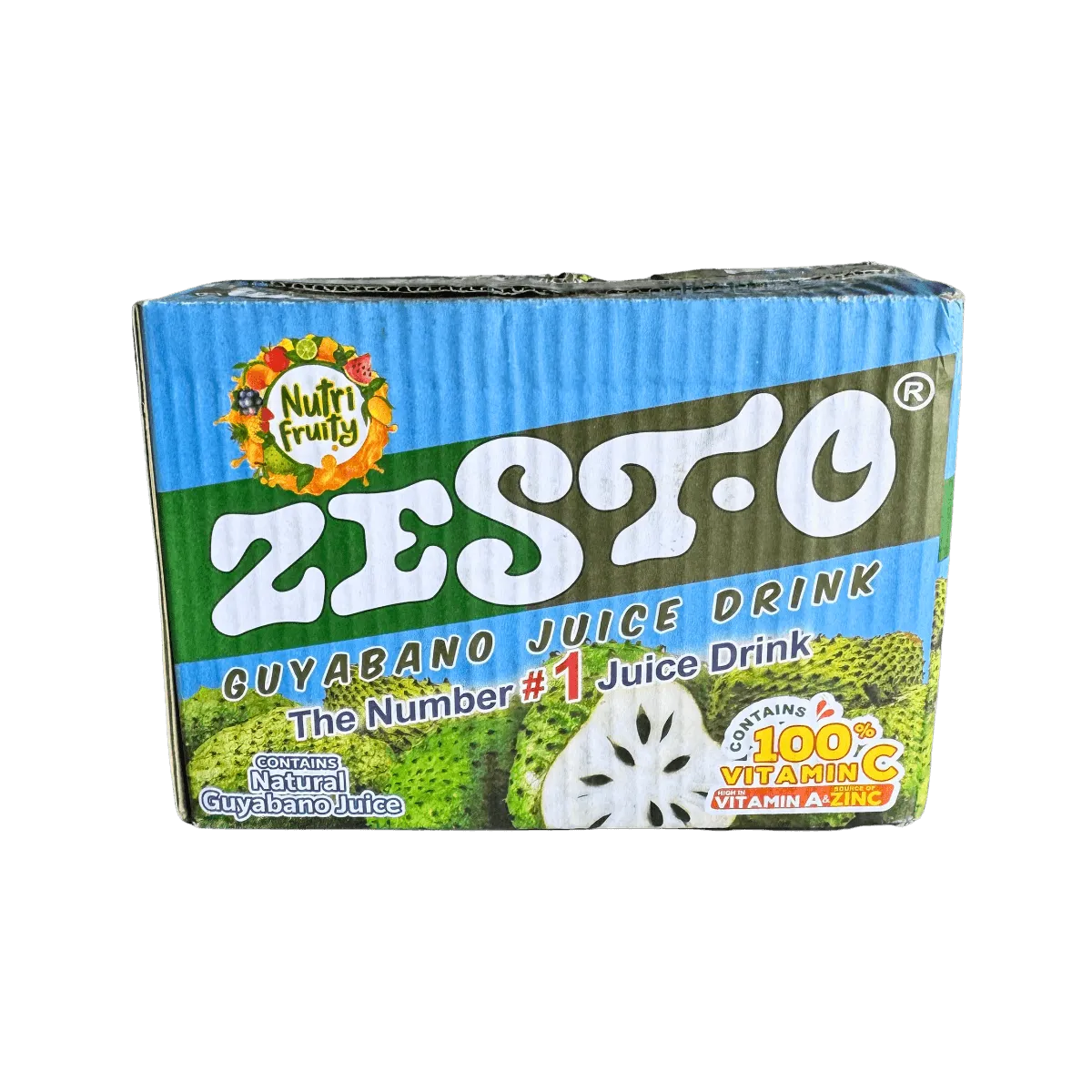 A box of Zest-O juice drinks featuring vibrant packaging and various fruit illustrations.