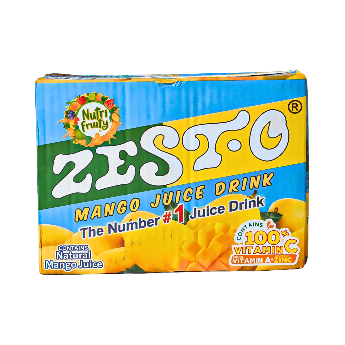 A box of Zest-O mango juice drink featuring vibrant packaging and a mango illustration.
