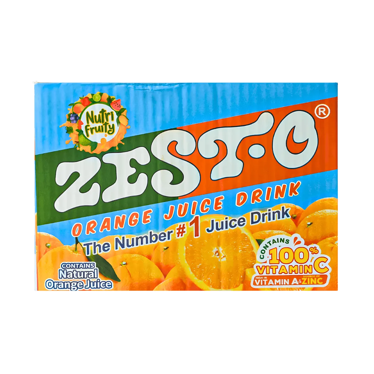 A box of Zest-O orange juice with a vibrant orange color, placed on a wooden table, surrounded by fresh oranges.
