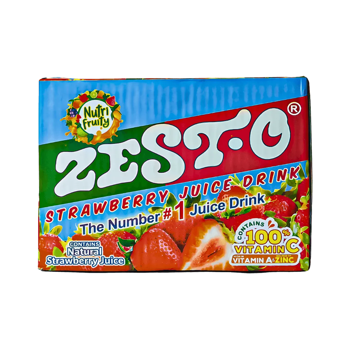 A box of Zest-O strawberry juice featuring vibrant packaging and a straw, showcasing the product's refreshing appeal.